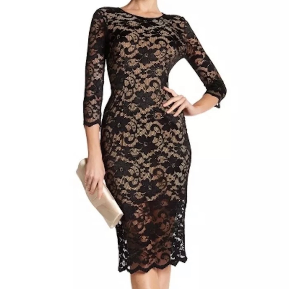 NWT ABS Collection Black Nude Lace Midi Dress Sz 8 $128 Bodycon Illusion Party - Picture 2 of 4